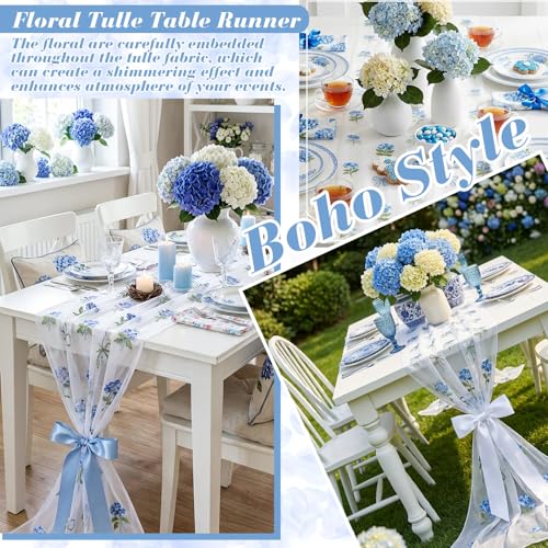 Mindsoft 3 Pcs Hydrangea Floral Table Runner 10ft Gauze Embroidery Blue Hydrangea Decor Flower Spring Summer Tulle Lace Table Runner for Wedding Bridal Baby Shower Holiday Dining Decor DIY - style: Hydrangea