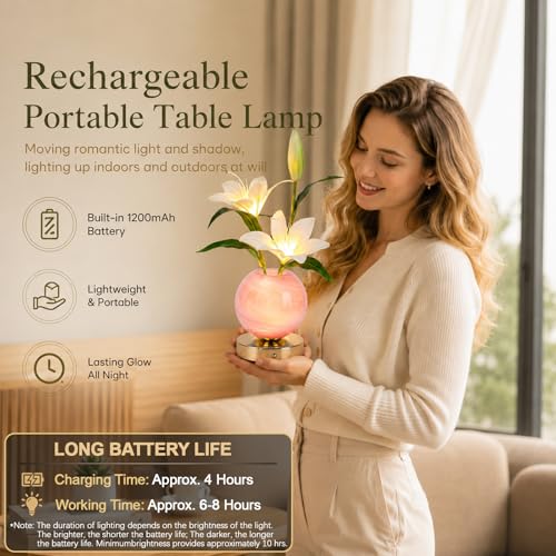 Lily Table Lamp, 3 Color Planet Night Light, Rechargeable Cordless Touch Dimming Artificial Flower Light, LED Flower Bedside Lamp Romantic Gifts for Girl Women Mom (White Lily - Pink Vase) - color: White Lily - Pink Vase