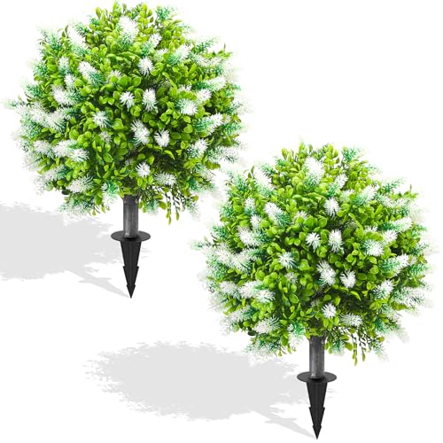 2 Pack 25" Artificial White Lavender Topiary Ball Trees for Outdoors, UV Resistant Faux Evergreen Shrubs with Ground Spikes, Fake Bush Ball Plants for Front Porch, Patio, Garden, Indoor Outdoor Decor - color: White Lavender