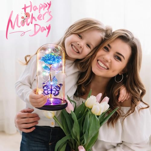 Mothers Day Rose Gifts for Mom Birthday Gift for Women, Rechargeable Galaxy Glass Rose in Glass Dome Crystal Eternal Roses Butterfly Mother's Day Flowers Gifts for Women Mom Wife Grandma Daughter Blue - color: USB-C Blue