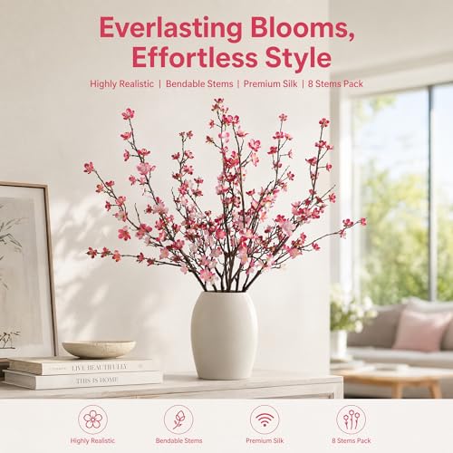 Plum Blossom Flowers Artificial,6Pcs Pink Cherry Blossom Flowers,Fake Branches for vase,Faux Cherry Blossom Stems for Home and Office Decor (Pink, 6)… - color: Roseo