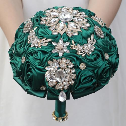 9.8in Dark Green Wedding Bridal Bouquet Handmade with Luxury Gold Rhinestone Brooch for Bride Bridesmaid Quinceanera Bouquet Satin Rose Flower Bouquet Wedding Dark Green - color: Dark Green, size: Extra-large (DIA. 9.8"/25cm)