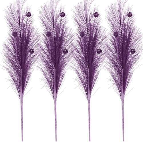 Christmas Tree Picks Decorations Set of 4 Sequins Ball Sprays 17" Artificial Furry Reed Grass Stems Fluffy Pampas Branches Feather Tails for Vase Fillers Flower Arrangements Tree Topper (Purple) - color: Purple