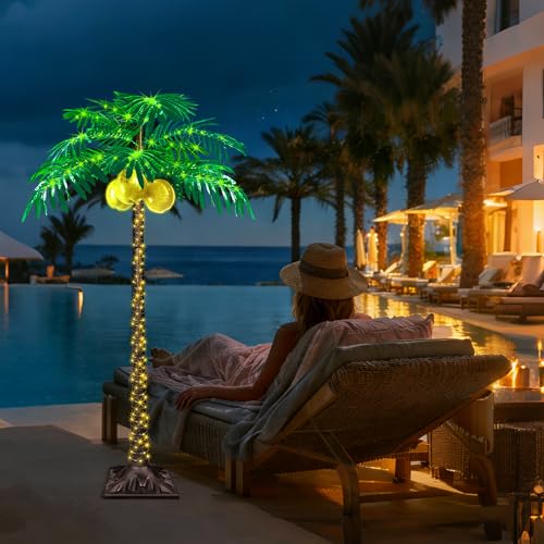 5FT LED Lighted Palm Tree with 325pcs Lights, Artificial LED Palm Tree with 3 Glowing Coconuts, Simulated Trunk with Lights, 8 Lighting Modes&Timer. - size: 5ft