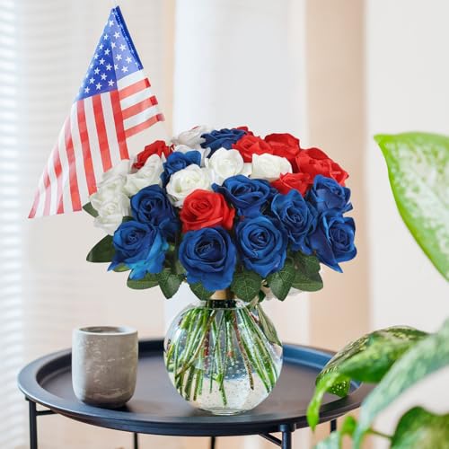 30pcs Fake Roses Artificial Silk Flowers Long Stems Bouquet for Wedding Bridal Shower Party Home Decoration (Red,White,Blue) - color: Red,white,blue