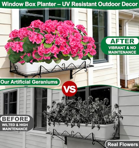 8 Bundles Artificial Geraniums Flowers for Outdoors Summer Decoration, Fake Flowers Silk Pink Flower UV Resistant No Fade Look Real Faux Plants for Porch Gardens Planter Patio Indoor Cemetery Decor - color: Pink