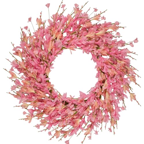 24 Inch Artificial Pink Forsythia Flower Wreath, Silk & Paper Floral Wreaths for Front Door, Romantic Valentine's Day & Spring Summer Decor, All Season Farmhouse Wedding Indoor Outdoor Decor - color: Pink