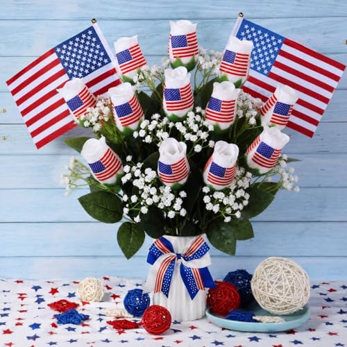 Suhine 12 Pcs 4th of July Rose Flowers Patriotic Table Centerpieces Independence Day Party Decorations Supplies Artificial USA Flag Flowers Gifts for Veterans Election Memorial Day (4th July, Normal) - color: 4th July, size: Normal