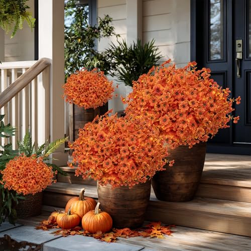 AXYLEX Artificial Fall Flowers Outdoor Fake Mums - 16 Bundles Fake Plants UV Resistant No Fade Faux Plastic Greenery Garden Porch Patio Fall Home Decor (Orangeyellow) - color: Orangeyellow
