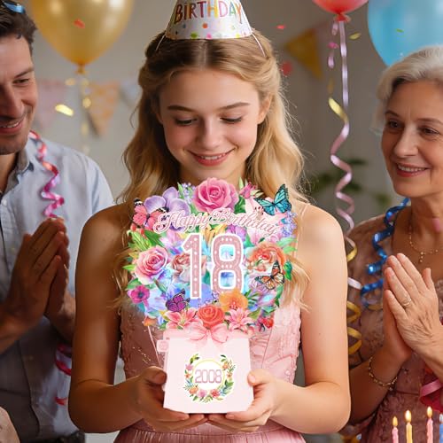 18th Birthday Cards, Light and Music 18 Years Old Happy Birthday Card, Rose Lily Orchid and Butterflies, 10 Inch Forever Flower Bouquet 3D Pop Up 2008 Birthday Gift Card for Women Wife girls Daughter Sister - size: 2008-18th