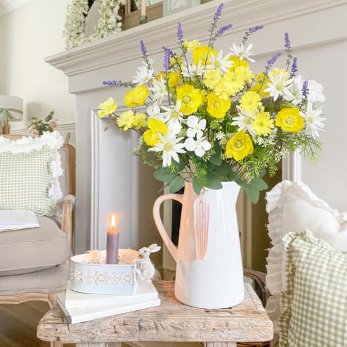 CISDUEO 3Pcs Artificial Wildflowers Flowers Silk Spring Floral Stems Arrangement Yellow Poppies Flowers Daisies and Lavender Faux Wild Flower for Party Indoor Home Vase Wedding Table Summer Decoration - color: Yellow, Purple, Green
