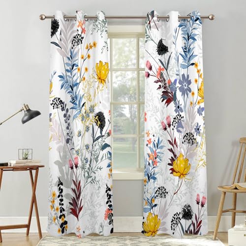 Renaiss Botanical Plants Blackout Curtains, Wild Flowers Plants Print Thermal Insulated Bedroom Window Curtains, Boho Floral Window Curtains for Kitchen, 45" L x 29" W 2 Panel Set - color: Bright Color, size: 29"W x 45"L (Pack of 2)