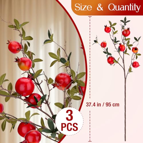 Gresorth Artificial Pomegranate Branch Fake Lifelike Plant Stem Decoration with Leaves Realistic Simulation Fruit Model Vase Home Ornament 3pcs - color: Red Pomegranate