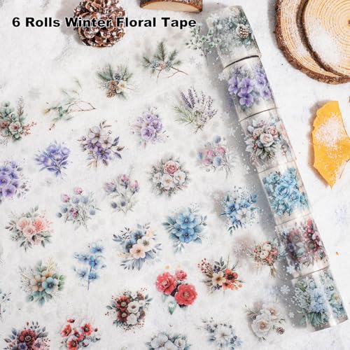 6-Roll Winter Floral PET Tape Set, Pre-Cut Transparent Waterproof Flower Sticker Rolls for Scrapbooking, Journals, Planners, DIY Crafts, Cards and Gift Wrapping - style: Winter Bloomscape