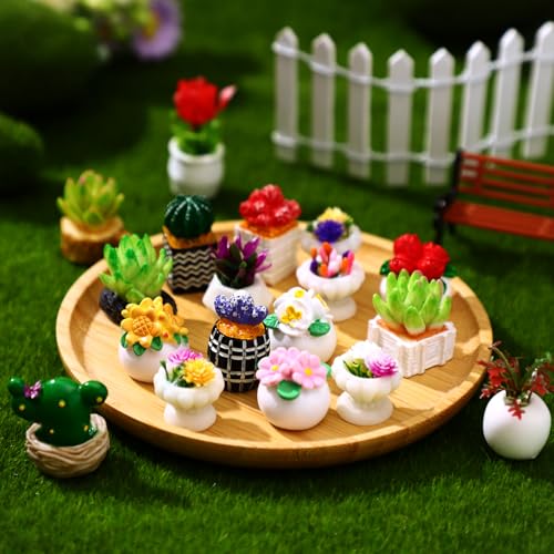 Threehoney 30 Pcs Miniature Dollhouse Plants Accessories Mini Artificial Potted Flower Tiny Resin Greenery Cactus Figurines for Doll House Gift DIY Garden Bonsai Micro Landscape Decoration(Plants) - style: Plants
