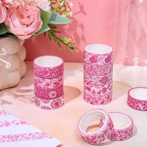 Whaline 12 Rolls Pink Floral Washi Tapes Chinoiserie Flower Decorative Masking Tape Set Vintage Wrapping Paper Tape for Scrapbook Journal DIY Art Crafts - color: Pink