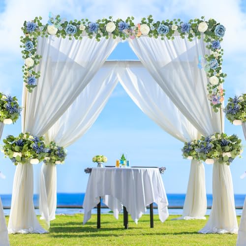Eucalyptus Garland with Flowers - 1 Pack 5.9 FT Artificial Flower Garland with Butterflies Faux Rose Greenery Garlands for Backdrop Wedding Arch Centerpieces Decorations - Dusty Blue & White - color: Dusty Blue & White, size: 1 Pack