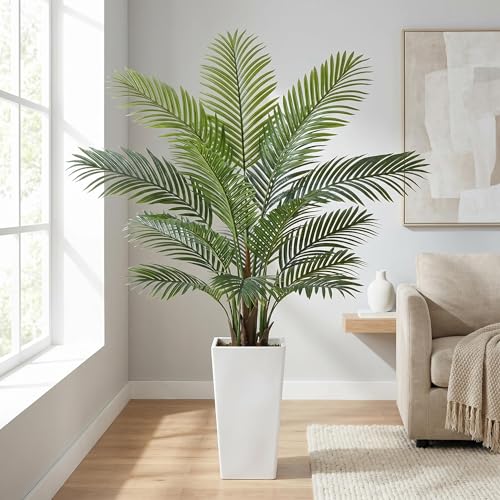 Garvee 5FT Artificial Palm Tree, Tall Faux Tropical Areca Plants with White Tall Planter, Fake Potted Tree with Lifelike Leaves for Indoor Living Room Bedroom Home Office Decor