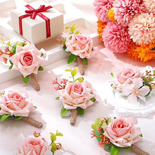 Sherr 12 Pcs Boutonniere for Men Wedding Flower Boutonniere Rose Corsage Set with Pin for Groom Groomsmen Prom Western Wedding Anniversary Dinner Fall Party Decor(Pink) - color: Pink
