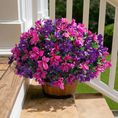 INSPRING Artificial Fake Flowers for Outdoors Spring Summer Decoration, 3 Bundles Realistic Outdoor Faux Azalea Plants UV Resistant Silk Flowers for Outside Planter Patio Porch Garden Yard Home Decor - color: Purplefuchsia