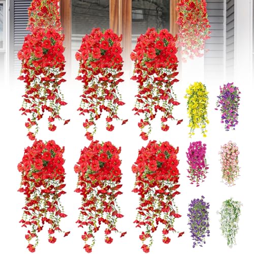Artificial Flowers for Outdoors Fake Morning Glory Hanging Flower Decoration, 6 Pcs Realistic Faux Plants Petunias Trailing Vines, Spring Summer Decor for Porch Patio Balcony Planter Yard(Red) - color: Red, size: 6 Pcs