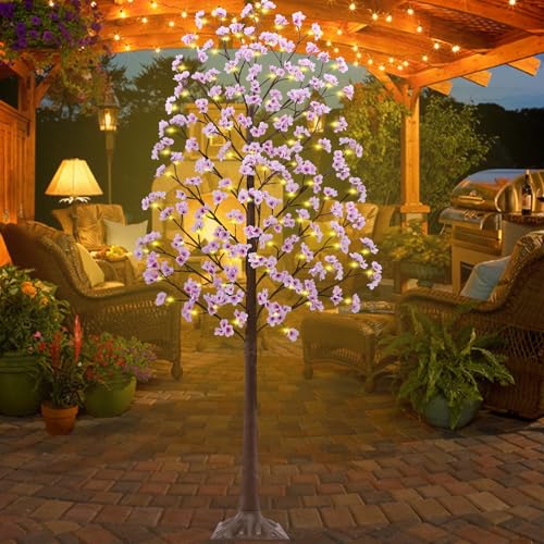 7FT Lighted Cherry Blossom Tree - Faux Artificial Light Up Pink Tree with 144 Lights, 432 Lush Flowers, Timer, Remote 8 Modes Cherry Blossom Tree for Spring Wedding Valentines Indoor Outdoor Decor - size: 7ft