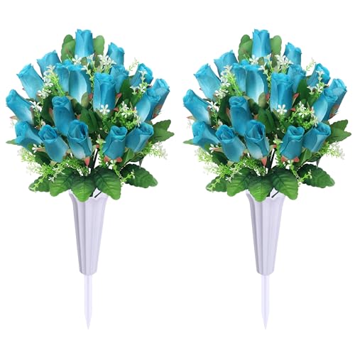 Cemetery Flowers for Grave,2Pack Memorial Roses Bouquets with Vase for Grave Tombstone Decorations(Deep Blue) - color: Deep Blue
