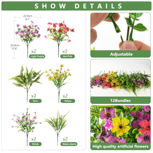 INQCMY Artificial Flowers for Outdoors Faux Plants Fake Flowers Spring Summer Decoration,12 Bundles Faux Silk Colorful Daisy Realistic UV Resistant for Outside Home Planter Window Porch Patio Yard - color: 1 Mixed Color(2 Light Purple,2 Rose Red,2 Yellow,