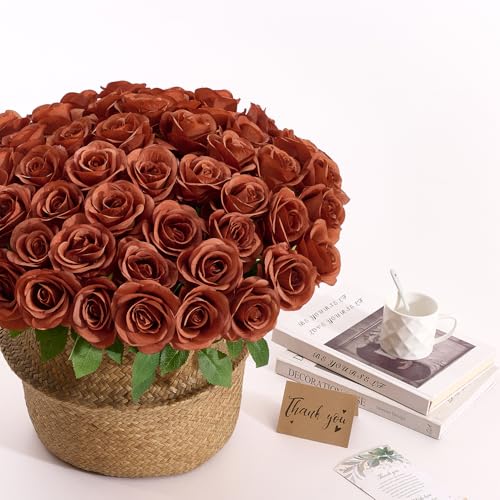60 PCS Fake Burnt Orange Roses, Artificial Burgundy Flowers Bulk Realistic Silk Faux Rose with Stems for Wedding Decoration Anniversary Bridal Bouquet DIY Floral Arrangement Romantic Home Decor Gifts - color: Burnt Orange