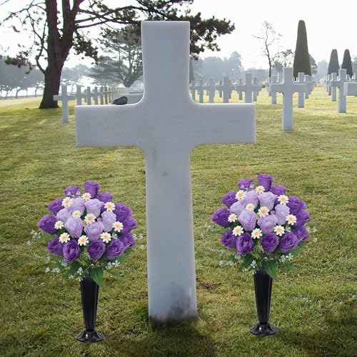 Wocst Artificial Cemetery Flowers for Grave Memorial Day Flowers for Cemetery,2Pack Artificial Silk Roses Daisy Bouquets with Cemetery Vases for Outdoor Grave Decorations ﻿ (Purple) - color: Purple