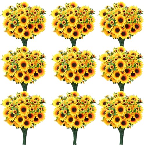 9 Pack Artificial Silk Sunflowers Bouquet Fake Yellow Flowers Floral Arrangements for Wedding Home Decor Centerpieces DIY Crafts Party Table Vase Decoration