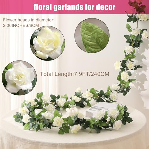 JUSTOYOU 2 Pack (15.8FT) Fake Rose Garland, Artificial Rose Vines Flowers Hanging Silk Rose Vine Wedding Home Backdrop Party Arch Arrangement Decoration - color: Off White+green