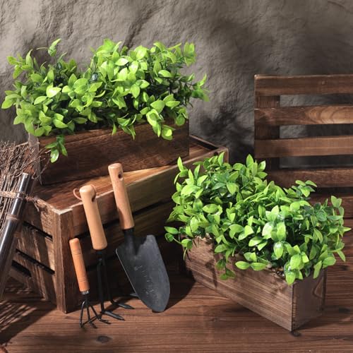 Lyrow 2 Pack 11.4 '' Artificial Eucalyptus Plants in Rectangular Rustic Wooden Planter Box Faux Potted Herb Plant Greenery Centerpiece for Cabinet Windowsill Table Shelf Wedding Decor (Brown) - color: Brown, size: 11.4 ''