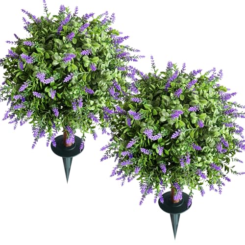 2-Piece Artificial Lavender Ball Tree, 23 inches, UV-Resistant with Wooden Stakes, for Indoor/Outdoor Decoration use