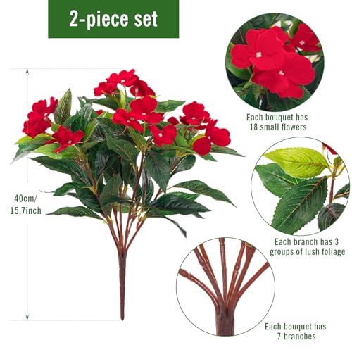 Fake Flowers Artificial Flowers for Outdoor，Artificial Plant Artificial Impatiens Bouquet Flowers for Outdoors Decoration，Silk Spring Artificial Plants for Outdoors Indoor Decor 2PCS (Red) - color: Red-2