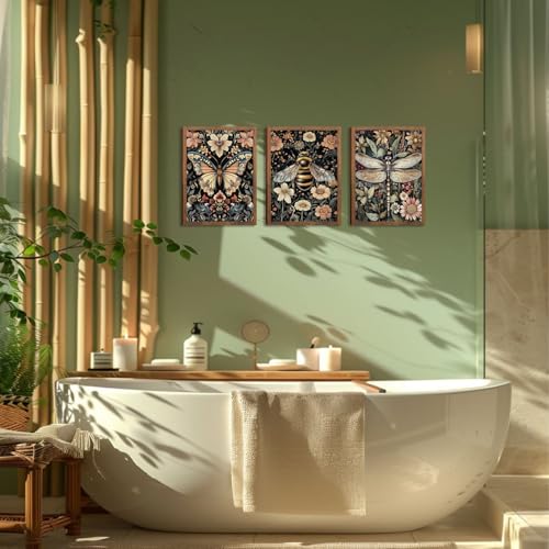 Retro Insect Wall Art Set of 3, Butterfly Bee Dragonfly Gothic Botanical Prints, Rustic Nature Animal Canvas Wall Decor for Living Room Bedroom Office Farmhouse Home Decor 12x16In Wood Framed - color: Colorful insects, size: 16L" x 12W"