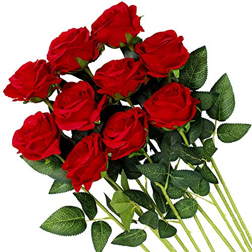 Veryhome Artificial Flowers Silk Roses Fake Bridal Wedding Bouquet for Home Garden Party Floral Decor 10 Pcs (Red Curved stem) - color: Blooming Rose - Red
