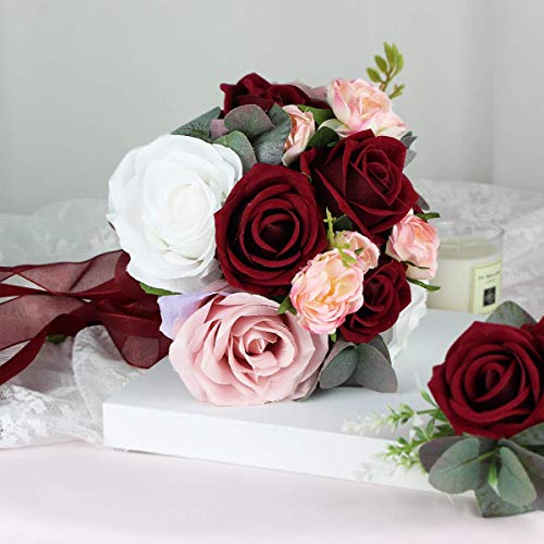 Rinlong 7" Wedding Bouquet, Burgundy Silk Bridesmaid Bridal Bouquet - color: 19-burgundy Red