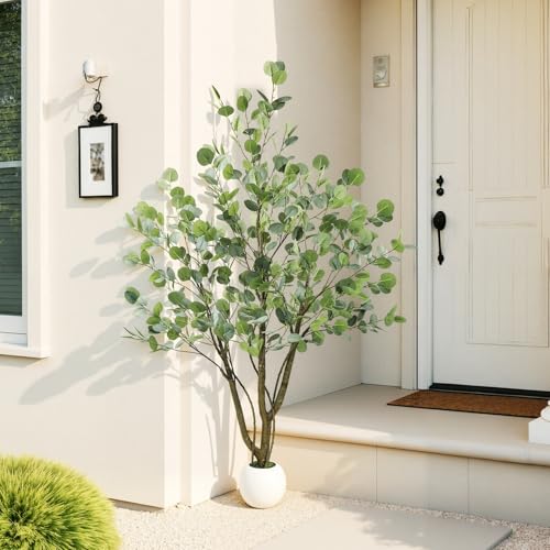 Caxchiling Artificial Eucalyptus Tree 5FT, Fake Tree for Indoor Outdoor, Lifelike Faux Large Floor Plants with Heavy Trunk with Vines and Ball-Shaped Pot, Home Office Living Room Bedroom Doorway Decor - color: Eucalyptus, size: 5ft