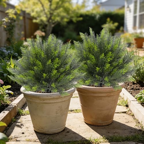 Bdor 24" Artificial Cedar Topiary Bush with Ground Stake, UV Resistant Fake Cedar Shrubs for Outdoors, Weatherproof Faux Greenery Plants for Garden, Patio, Yard, 2 Pack - style: cedar