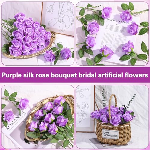 150 Pcs Roses Artificial Flowers, Silk Purple Artificial Flowers Petals Long Stem Roses for Wedding Bouquet Home Party Decor - color: Purple