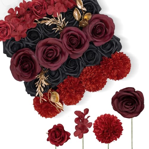 TINGE TIME Rose Artificial Flowers Combo, Gradient Color Faux Foam Roses with Stems for DIY Wedding Bridal Shower Party Table Centerpieces Fake Floral Arrangement Home Decor (Gothic Black & Red) - color: Gothic Black and Red