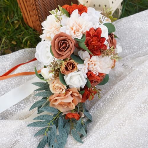Wedding Bouquets for Bride Bridal Bouquet Bridesmaid Bouquet Tossing Bouquet for Wedding Ceremony Wedding Anniversary, Wedding Gifts, Chic Terracotta and Orange Style - color: Sunset Red