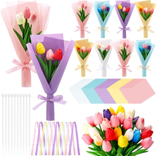 Zeyune Graduation Gifts Mini Faux Tulip Bouquet Kit, 10 DIY Artificial Tulip Flower Bouquets with Wrapping Paper and Ribbons, Class of 2026 Party Favors Gifts for Students Teachers Guests(Multicolor) - color: Multi Color