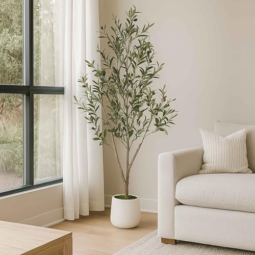 Artificial Olive Tree 5FT Tall Faux Olive Tree Artificial Indoor with Natural Wood Trunk and Lifelike Fruits Realistic White Planter Potted for Home Office Living Room Decor