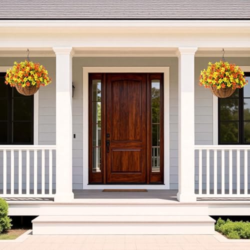 INQCMY Artificial Hanging Flowers for Outdoors, 5 Bundles UV Resistant Artificial Hanging Baskets,All Weather Fake Flowers for Patio, Porch, Yard, Window Box,Home for Spring Summer Decoration. - color: Yellow Orange