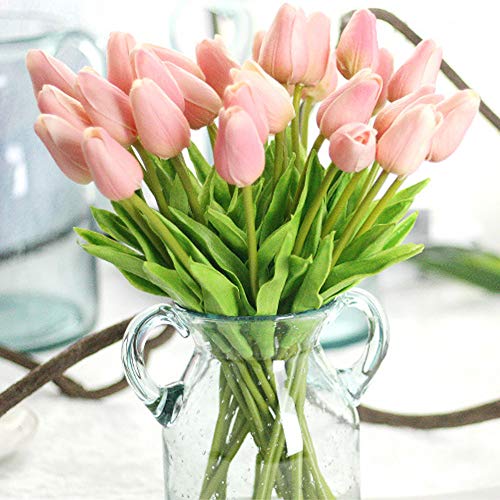 AMZALI Artificial Flowers Real Touch Mini PU Tulips Bouquet Fake Tulips Flowers Arrangement Artificial Plants for Wedding Centerpiece Room Home Hotel Party Event Christmas Decor Pink Set of 10 - color: Pink, size: 10PCS