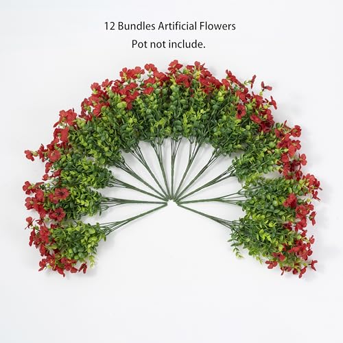 Artificial Flowers for Outdoor Indoor Garden Home Decoration, Faux Flower Daisy with Eucalyptus Leaves Fake Plants Greenery Boxwood Porch Patio, 12 Bundles - color: Red