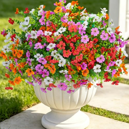 ADXORA 12 Bundles Artificial Flowers,Faux Plants for Spring Summer Decoration, UV Resistant Colorful Violets Eucalyptus for Outside Home Planter Porch Patio Yard Décor - color: Purple,red,orange,white