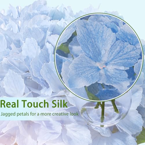 Blue Artificial Hydrangea Flowers in Glass Vase with Faux Water, 3 Stems Lifelike Fake Floral Arrangement, UV-Resistant Odorless Centerpieces for Dining Table Home Office Decor (7.9") - color: Blue